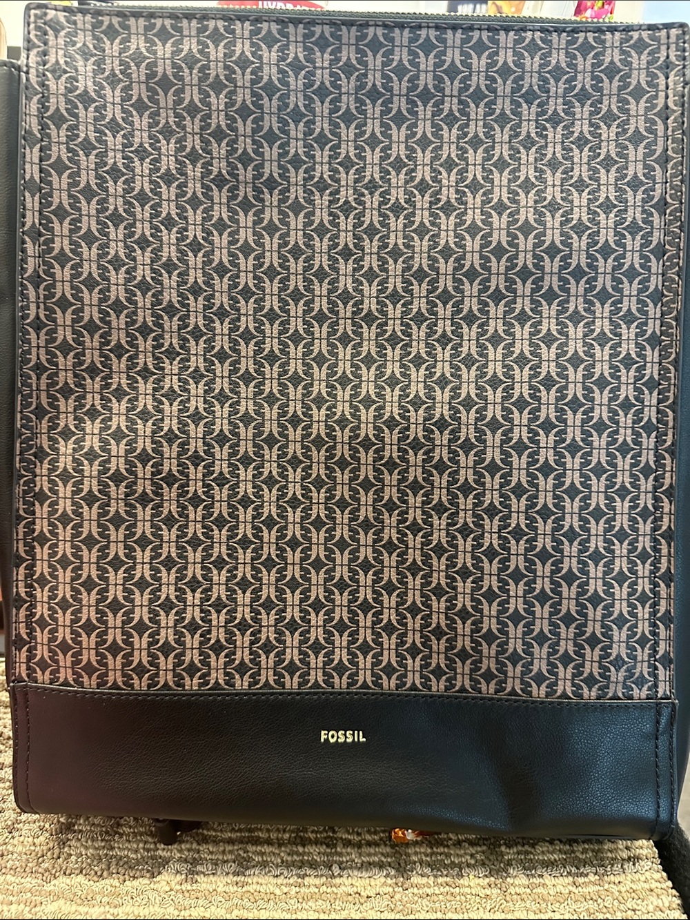 Fossil Black and Beige Monogram Backpack